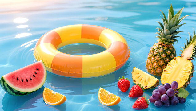 Summer pool party with fruits and inflatable ring