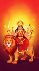 Fototapeta premium Maa Durga on Lion HD Mobile Wallpaper – Red & Saffron Flat Vector Illustration, Navratri Special
