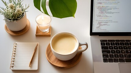 A minimalist overhead flat lay of a developer's workspace showcasing code on a screen, an AI interface, a notebook, and coffee.