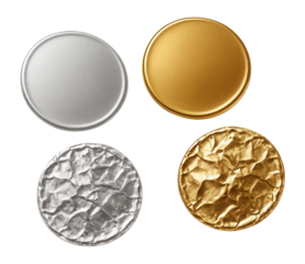 Four round foil lids in silver and gold, pristine and crumpled.