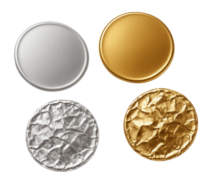 Four round foil lids in silver and gold, pristine and crumpled.