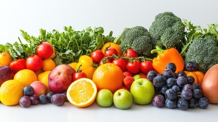 A colorful assortment of fruits and vegetables on a white background.