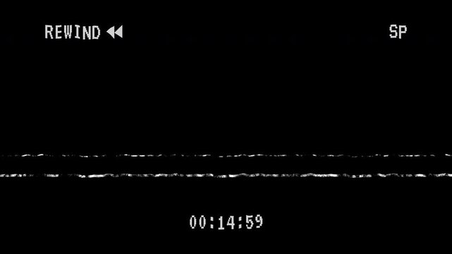 Analog TV VHS with rewind sign and timer on black background. 4K video