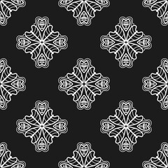 Stylish white floral motif on a dark black background, featuring symmetrical elegance ideal for modern wallpapers, textiles, and high-contrast decorative patterns.
