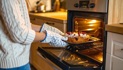 A close-up of hands wearing oven mitts carefully pulling a freshly baked cake on a tray out of the hot oven, capturing the warmth and precision of homemade baking in a cozy kitchen scene