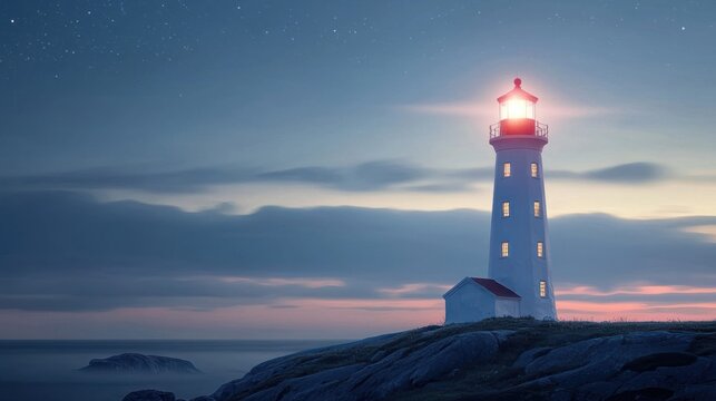 A lighthouse stands illuminated against a starry night sky, with a rocky shoreline and a calm ocean in the background.