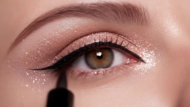 Glittering eye makeup tutorial: precision eyeliner application on shimmering eyeshadow