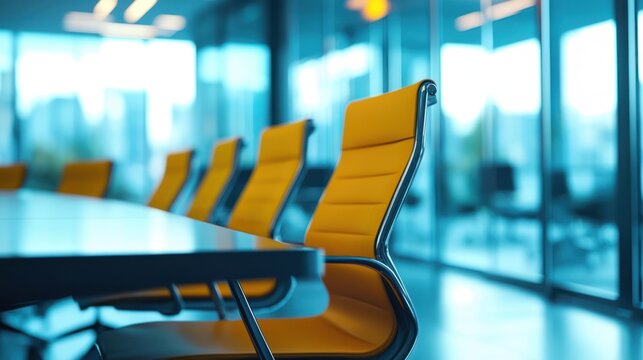 A modern office conference room with yellow leather chairs and glass walls.