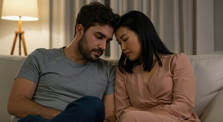 Obraz premium A sad couple is sitting together on the sofa with their heads resting together