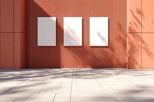 Three blank canvases on terracotta wall, sunlit