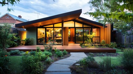 Fototapeta premium Melbourne style house exterior design, single-story structure, horizontal wood siding facade, sections painted light green 