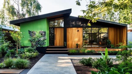 Fototapeta premium Melbourne style house exterior design, single-story structure, horizontal wood siding facade, sections painted light green 