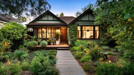 Melbourne style house exterior design, single-story structure, horizontal wood siding facade, sections painted light green
