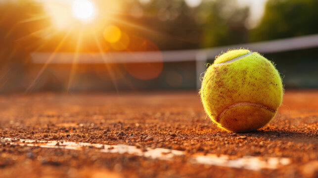 Close up view of tennis ball resting on clay court during sunset, capturing vibrant yellow color and texture of ball. warm sunlight creates beautiful glow, enhancing outdoor sports atmosphere