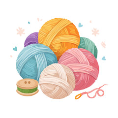 Colorful yarn balls with button and crochet hook. Knitting and craft supplies illustration. Hobby and creative process concept. Wool threads