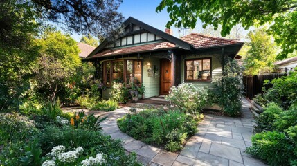 Melbourne style house exterior design, single-story structure, horizontal wood siding facade, sections painted light green
