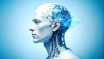 Digital profile of a human head with illuminated artificial intelligence circuits