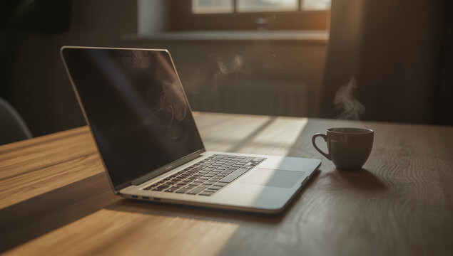 Serene Morning Work Scene: Open Laptop and Steaming Coffee Mug on a Rustic Wooden Desk with Sunlight Streaming In