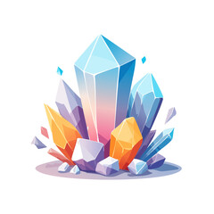Illustration of colorful crystals in blue, orange, and purple with sharp edges, mystical gem stones