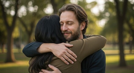 Naklejka premium A man and woman share a warm embrace in a natural setting, expressing love