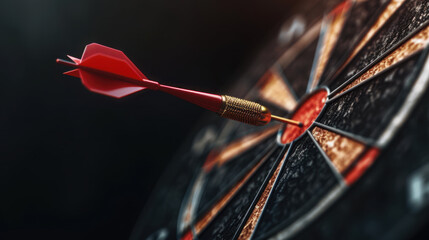 Dart hitting bullseye on dartboard symbolizes precision and focus in competitive environment. This captures essence of achieving goals and success in professional setting