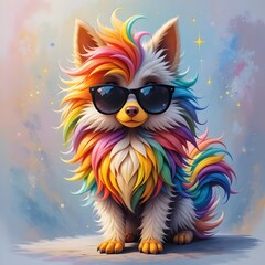Obraz premium Rainbow cartoon dog with sunglasses sitting on dreamy pastel background in magical fantasy style