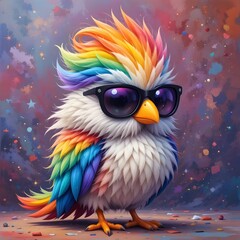 Obraz premium Cool rainbow cartoon bird in sunglasses standing on confetti background in colorful festive scene