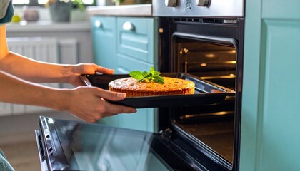 A close-up of hands wearing baking mitts carefully pulling a freshly baked cake on a tray out of a hot oven, capturing the warmth and precision of homemade baking in a cozy kitchen scene