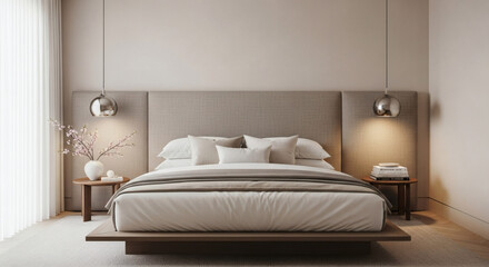 Fototapeta premium Serene Neutral Bedroom Interior with Platform Bed and Spherical Pendant Lamps