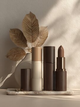 Three neutral-toned makeup products, lipstick and foundation sticks, arranged on a marble tray with dried leaves in the background, bathed in soft sunlight