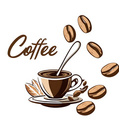 Obraz premium 12082025_Coffee Cup and Beans Description: A vibrant and modern illustration of a coffee cup with a spoon inside, sitting on a saucer