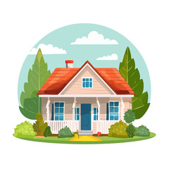 Cartoon illustration of a house with a red roof and a blue door in the countryside.