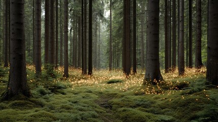 Enchanted forest, a magical night illuminated by twinkling lights
