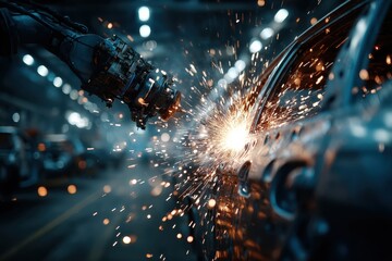 Robotic Arm Performing Laser Welding on Vehicle Door Inside Automotive Manufacturing Facility