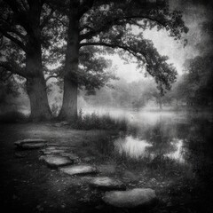Gray, misty forest scene with stone path