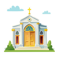 Fototapeta premium Cartoon church illustration with golden cross, arched doorway, and symmetrical design against a black background.