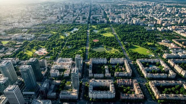 Aerial view of a metropolis seamlessly blending parks and residential zones.