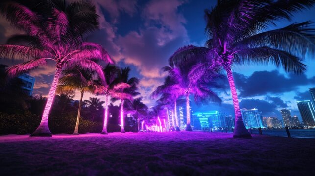 Miami Beach front City Background, Neon Colors
 - Powered by Adobe