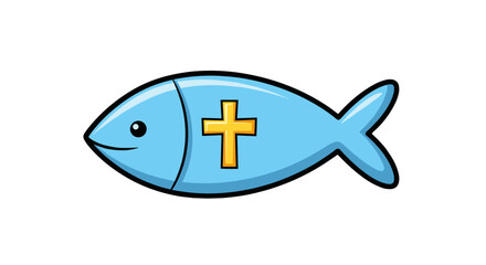 Light Blue Ichthys Christian Fish Symbol with Golden Cross Isolated on Transparent Background for Spiritual Themes