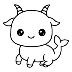 Fototapeta premium Cute cartoon Capricorn zodiac goat with fish tail in black and white line art style