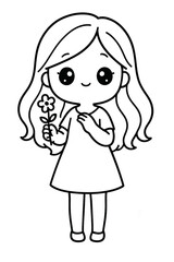 Obraz premium Cute cartoon girl holding flower illustration in black and white line art style