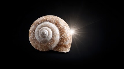 Mesmerizing closeup, intricate spiral patterns of a snail shell on dark background