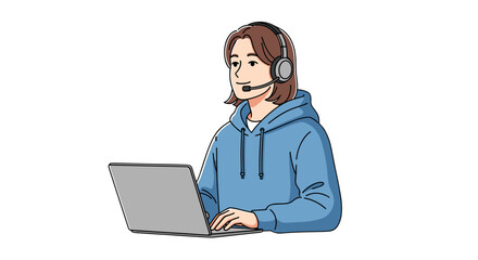 Young Person Wearing Headphones Working on Laptop with Focused Expression Isolated on Transparent Background