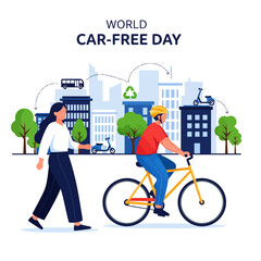 World Car-Free Day with a cyclist and pedestrian in a city, promoting environmental sustainability and green urban transport