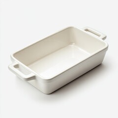 Off-white rectangular ceramic baking dish with small handles on each side, shown at a slight angle against a white background