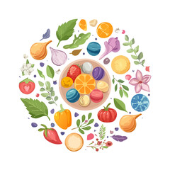 Food Circle Composition with Fruits Vegetables and Sweets on Black