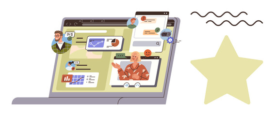 Laptop screen featuring video call, data charts, and faces symbolizing remote teamwork. Ideal for digital collaboration, virtual meetings, project planning, business analysis, productivity tools