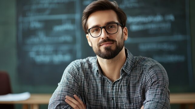 A young man with glasses and a beard, wearing a plaid shirt, sitting in front of a chalkboard with mathematical equations.