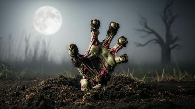 A creepy zombie hand descends underground under the light of a full moon. Perfect for Halloween, horror and zombie movie content.
