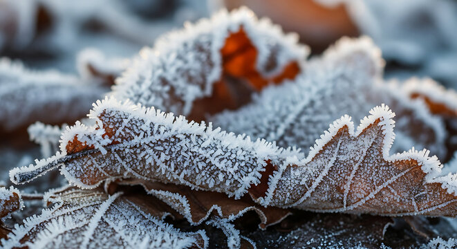Close up of frost covered oak leaves in winter